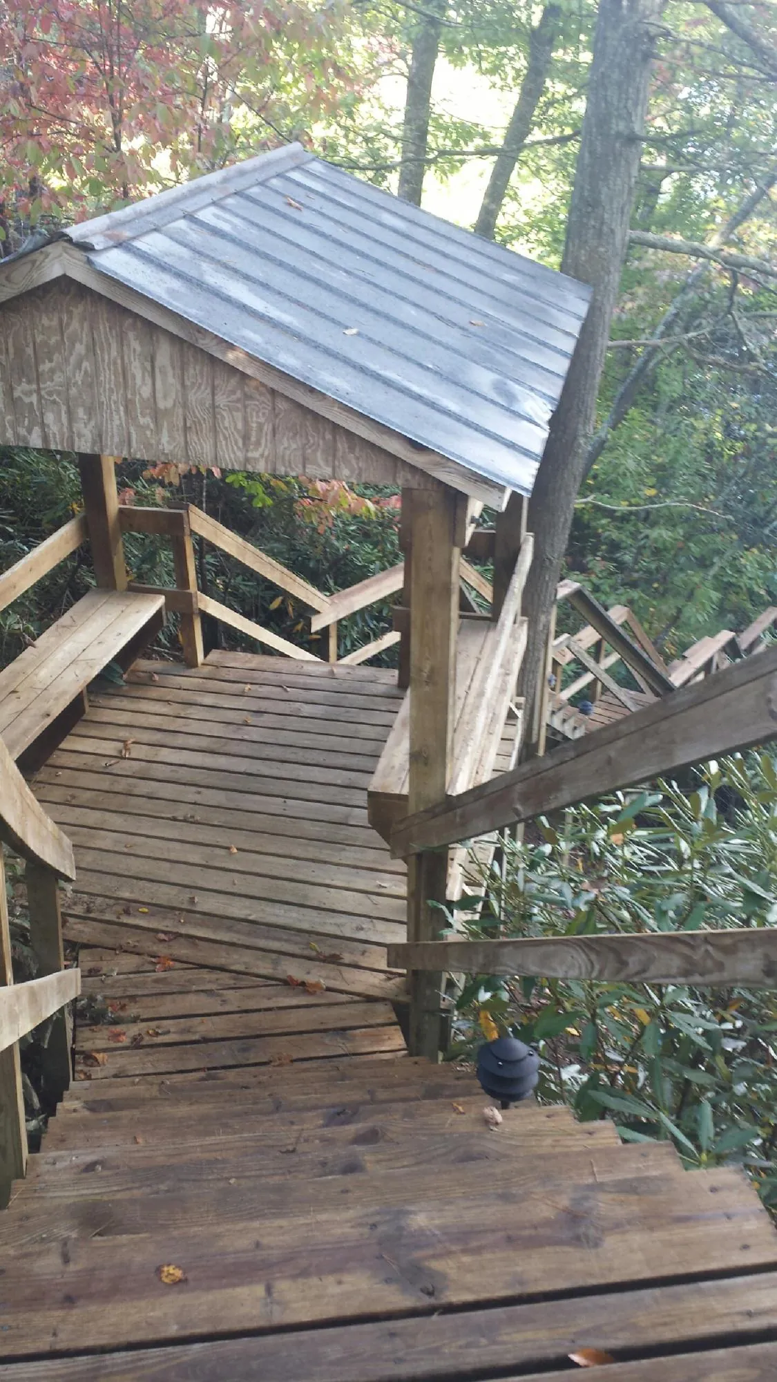 Metal roofed shelter over wooden steps on a wooded walkway — Skylight Repair & Installation work by our crew in Moss Landing